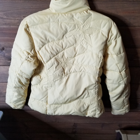 Vero Puimino Real Feather Embroidered Reversible Pale Yellow Puffer Jacket Sz S - Picture 3 of 16